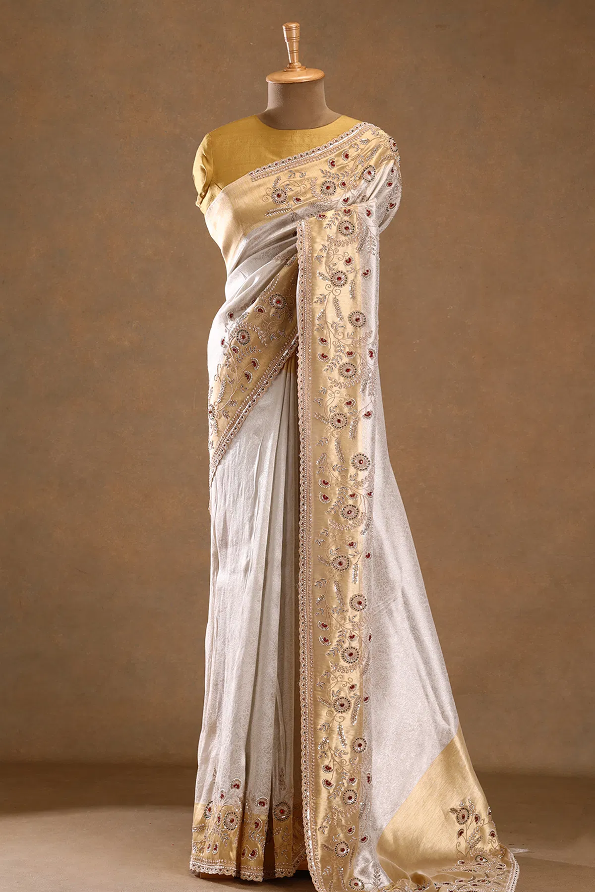 Off white zardosi embroidered tissue designer saree